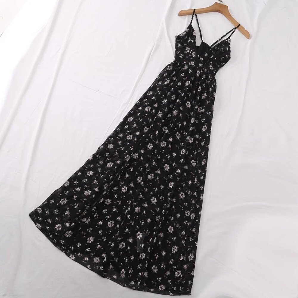 Sweet V-neck organ pleated halter floral elastic waist chiffon dress